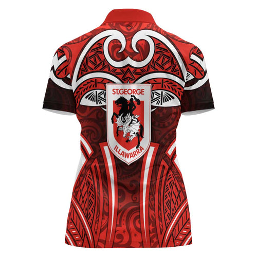 St George Illawarra Dragons Rugby Women Polo Shirt Polynesian Tribal Dragon Warrior Red Pattern