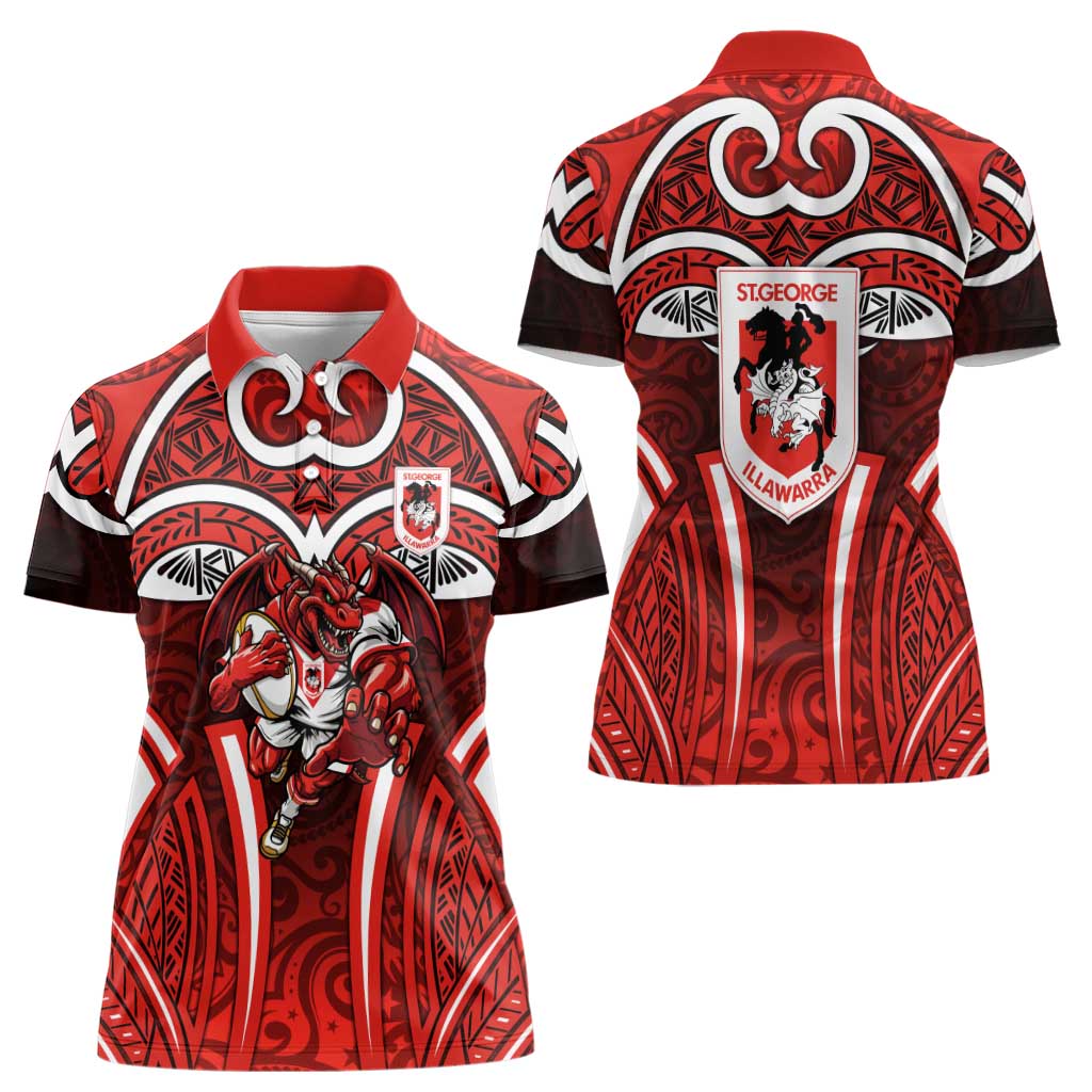 St George Illawarra Dragons Rugby Women Polo Shirt Polynesian Tribal Dragon Warrior Red Pattern