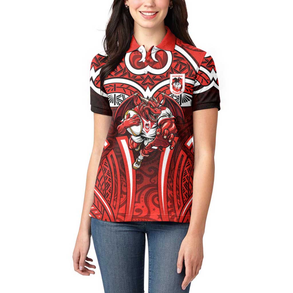 St George Illawarra Dragons Rugby Women Polo Shirt Polynesian Tribal Dragon Warrior Red Pattern