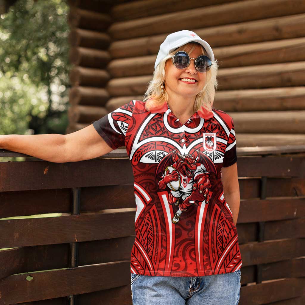 St George Illawarra Dragons Rugby Women Polo Shirt Polynesian Tribal Dragon Warrior Red Pattern