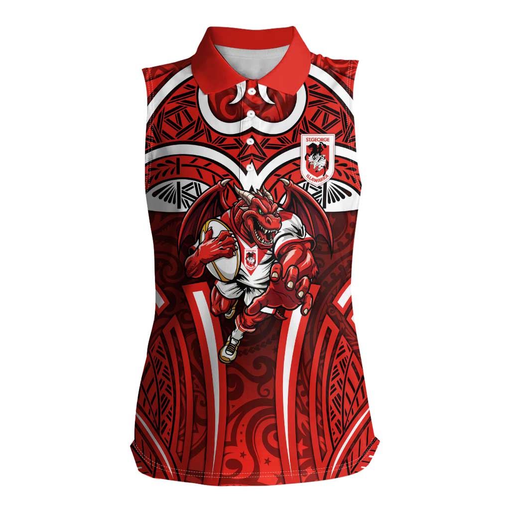 St George Illawarra Dragons Rugby Women Sleeveless Polo Shirt Polynesian Tribal Dragon Warrior Red Pattern