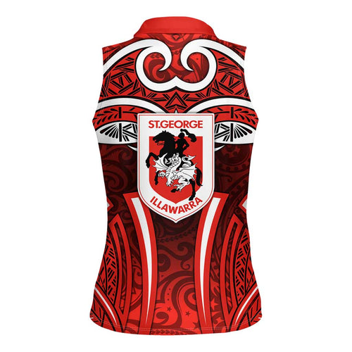 St George Illawarra Dragons Rugby Women Sleeveless Polo Shirt Polynesian Tribal Dragon Warrior Red Pattern