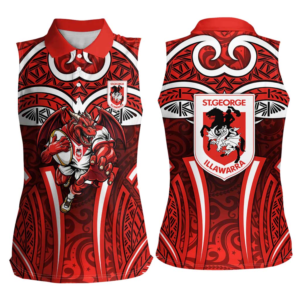 St George Illawarra Dragons Rugby Women Sleeveless Polo Shirt Polynesian Tribal Dragon Warrior Red Pattern