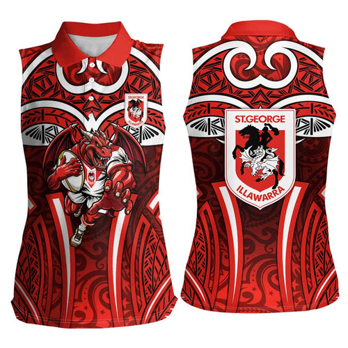 St George Illawarra Dragons Rugby Women Sleeveless Polo Shirt Polynesian Tribal Dragon Warrior Red Pattern
