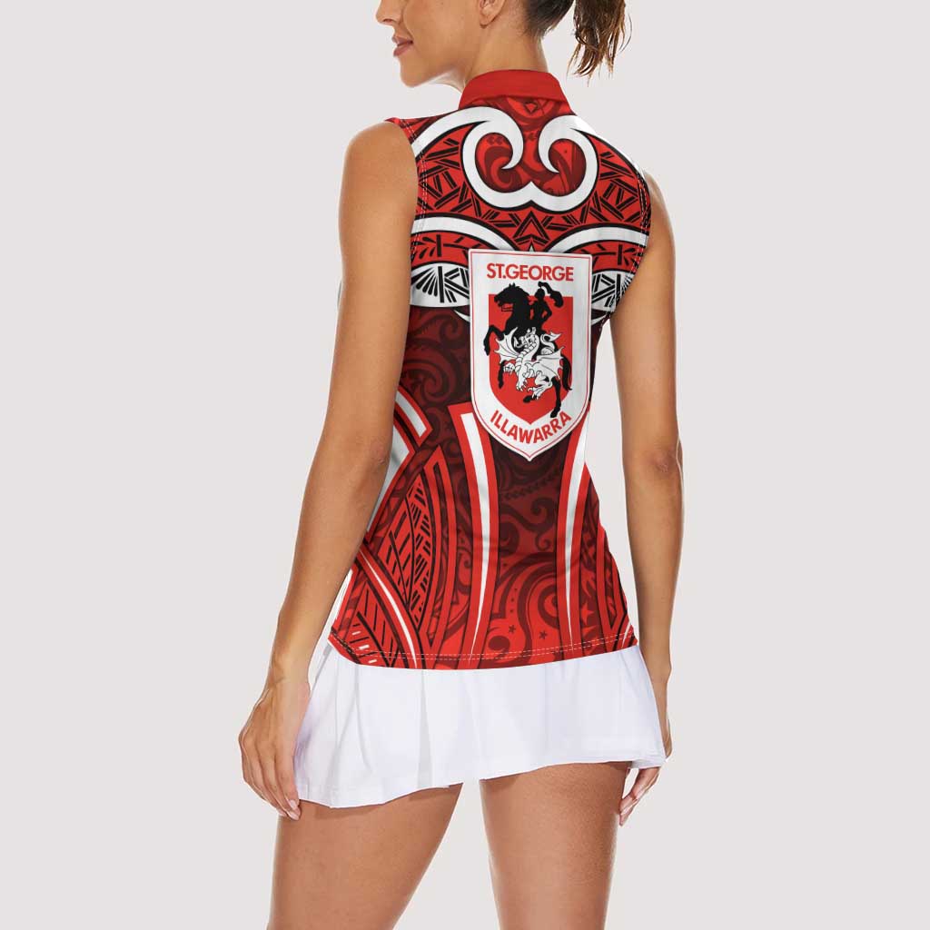 St George Illawarra Dragons Rugby Women Sleeveless Polo Shirt Polynesian Tribal Dragon Warrior Red Pattern