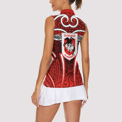 St George Illawarra Dragons Rugby Women Sleeveless Polo Shirt Polynesian Tribal Dragon Warrior Red Pattern