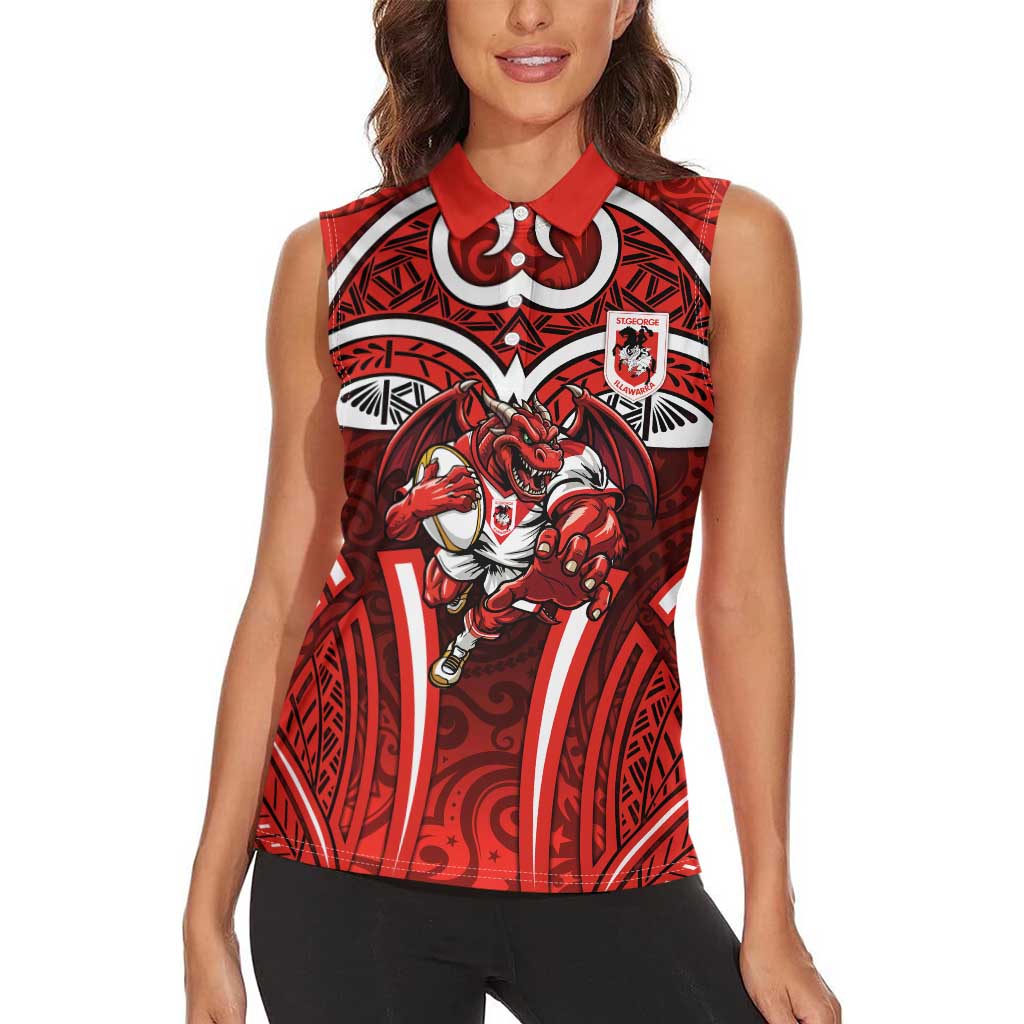 St George Illawarra Dragons Rugby Women Sleeveless Polo Shirt Polynesian Tribal Dragon Warrior Red Pattern