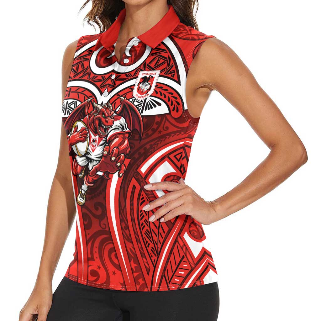St George Illawarra Dragons Rugby Women Sleeveless Polo Shirt Polynesian Tribal Dragon Warrior Red Pattern