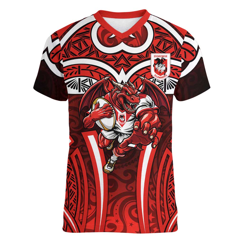 St George Illawarra Dragons Rugby Women V-Neck T-Shirt Polynesian Tribal Dragon Warrior Red Pattern