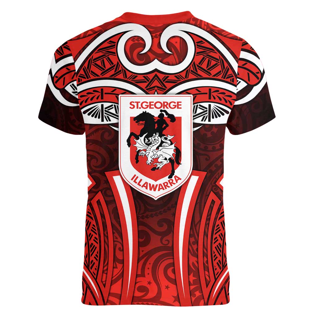 St George Illawarra Dragons Rugby Women V-Neck T-Shirt Polynesian Tribal Dragon Warrior Red Pattern
