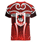 St George Illawarra Dragons Rugby Women V-Neck T-Shirt Polynesian Tribal Dragon Warrior Red Pattern