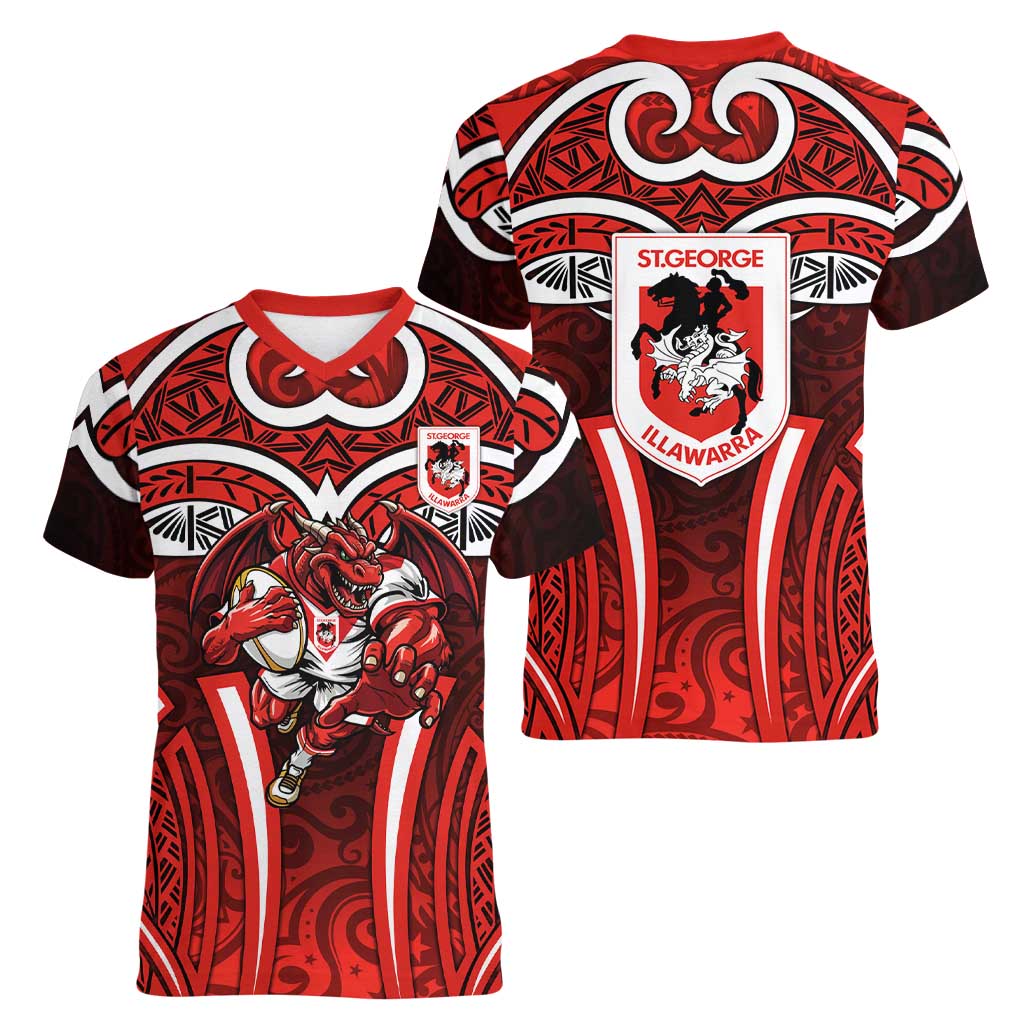St George Illawarra Dragons Rugby Women V-Neck T-Shirt Polynesian Tribal Dragon Warrior Red Pattern