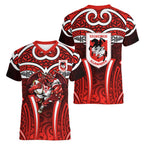 St George Illawarra Dragons Rugby Women V-Neck T-Shirt Polynesian Tribal Dragon Warrior Red Pattern