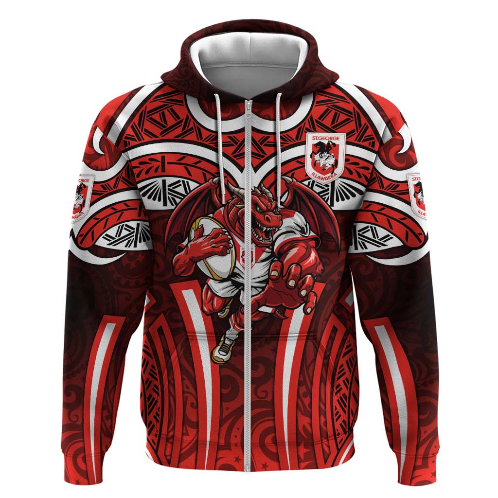 St George Illawarra Dragons Rugby Zip Hoodie Polynesian Tribal Dragon Warrior Red Pattern