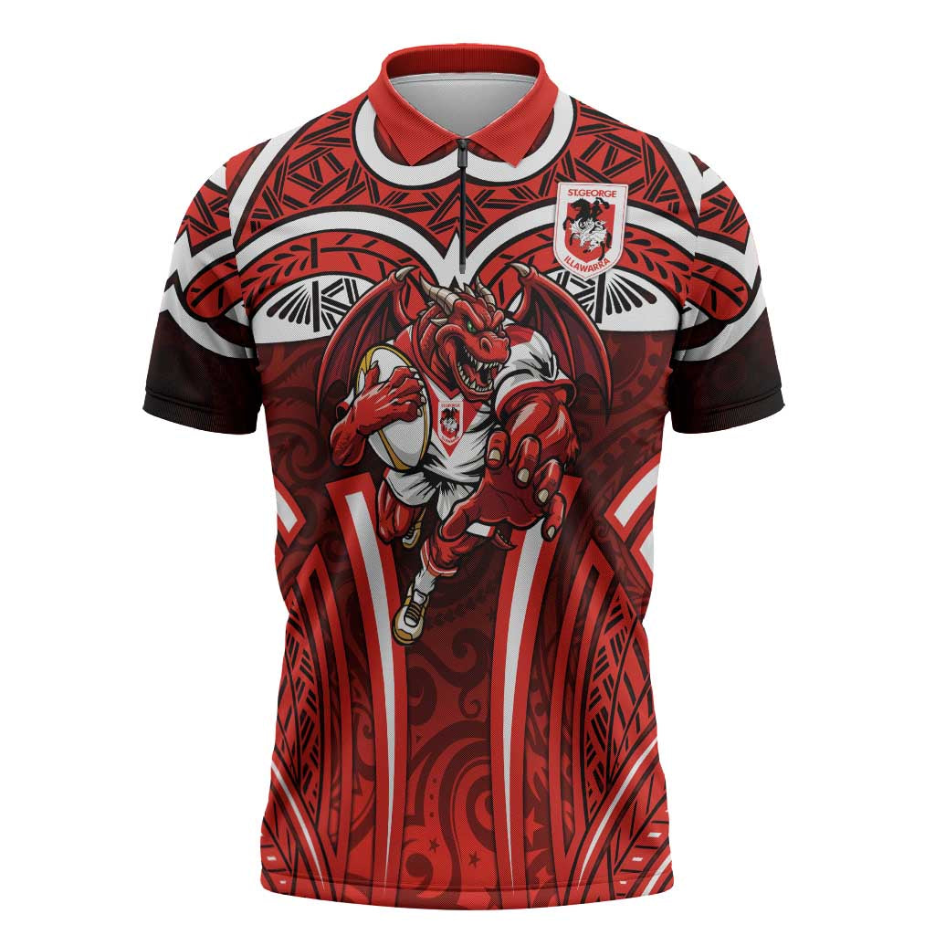 St George Illawarra Dragons Rugby Zipper Polo Shirt Polynesian Tribal Dragon Warrior Red Pattern