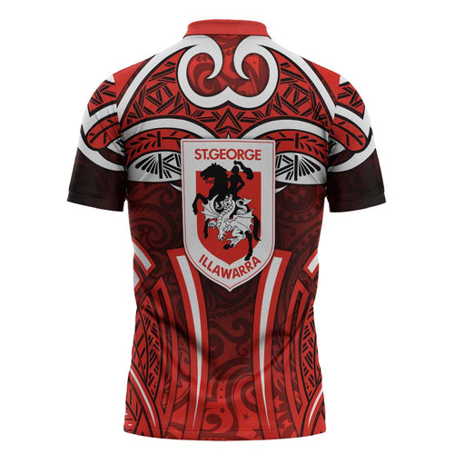 St George Illawarra Dragons Rugby Zipper Polo Shirt Polynesian Tribal Dragon Warrior Red Pattern
