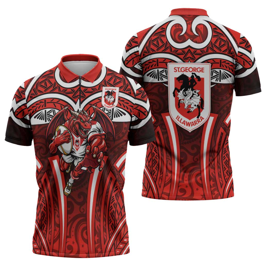 St George Illawarra Dragons Rugby Zipper Polo Shirt Polynesian Tribal Dragon Warrior Red Pattern