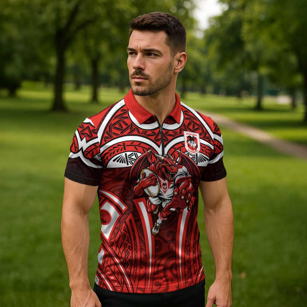 St George Illawarra Dragons Rugby Zipper Polo Shirt Polynesian Tribal Dragon Warrior Red Pattern