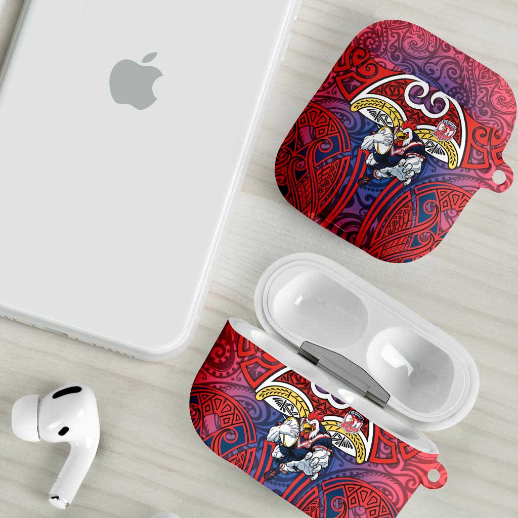 Sydney Roosters Rugby AirPods Case Polynesian Tribal Rooster Warrior Red Blue Pattern