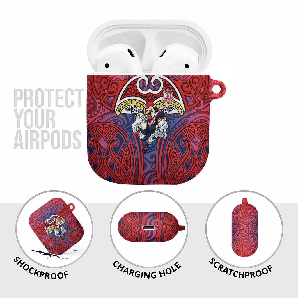 Sydney Roosters Rugby AirPods Case Polynesian Tribal Rooster Warrior Red Blue Pattern