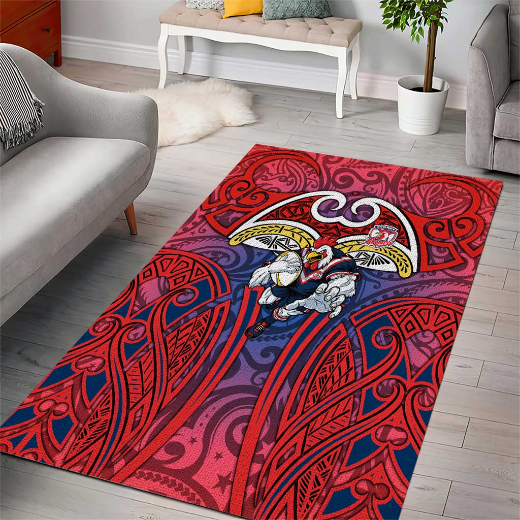 Sydney Roosters Rugby Area Rug Polynesian Tribal Rooster Warrior Red Blue Pattern