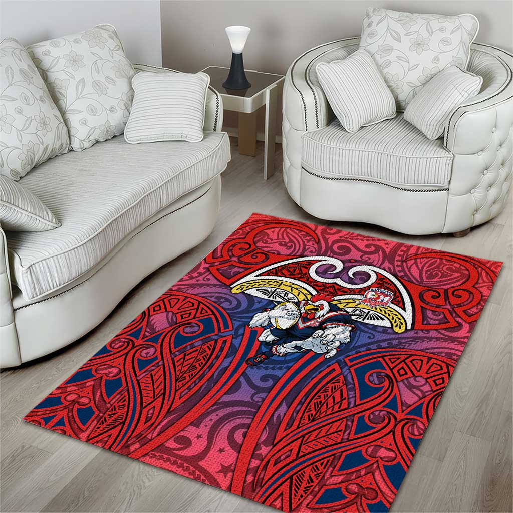 Sydney Roosters Rugby Area Rug Polynesian Tribal Rooster Warrior Red Blue Pattern