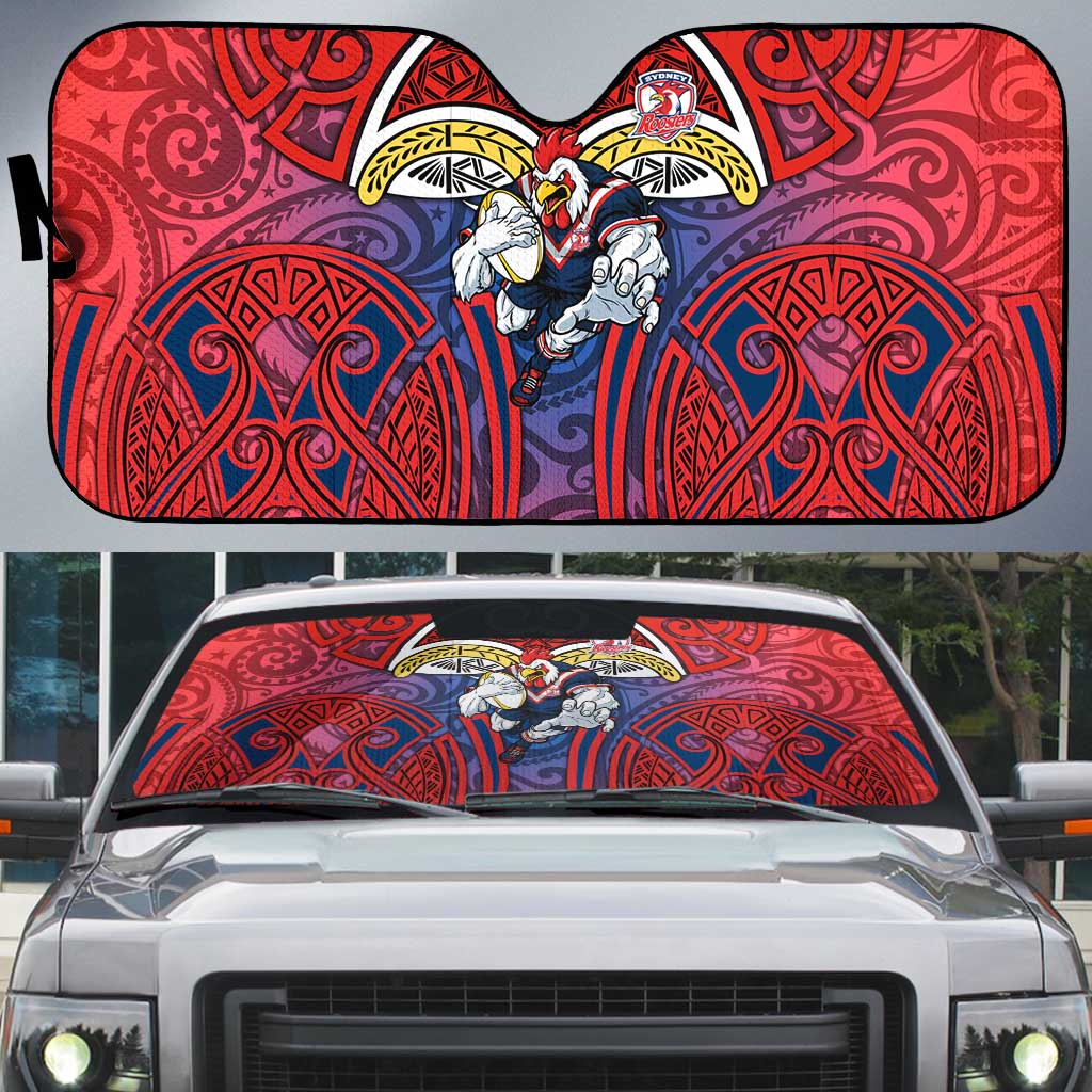 Sydney Roosters Rugby Auto Sun Shade Polynesian Tribal Rooster Warrior Red Blue Pattern