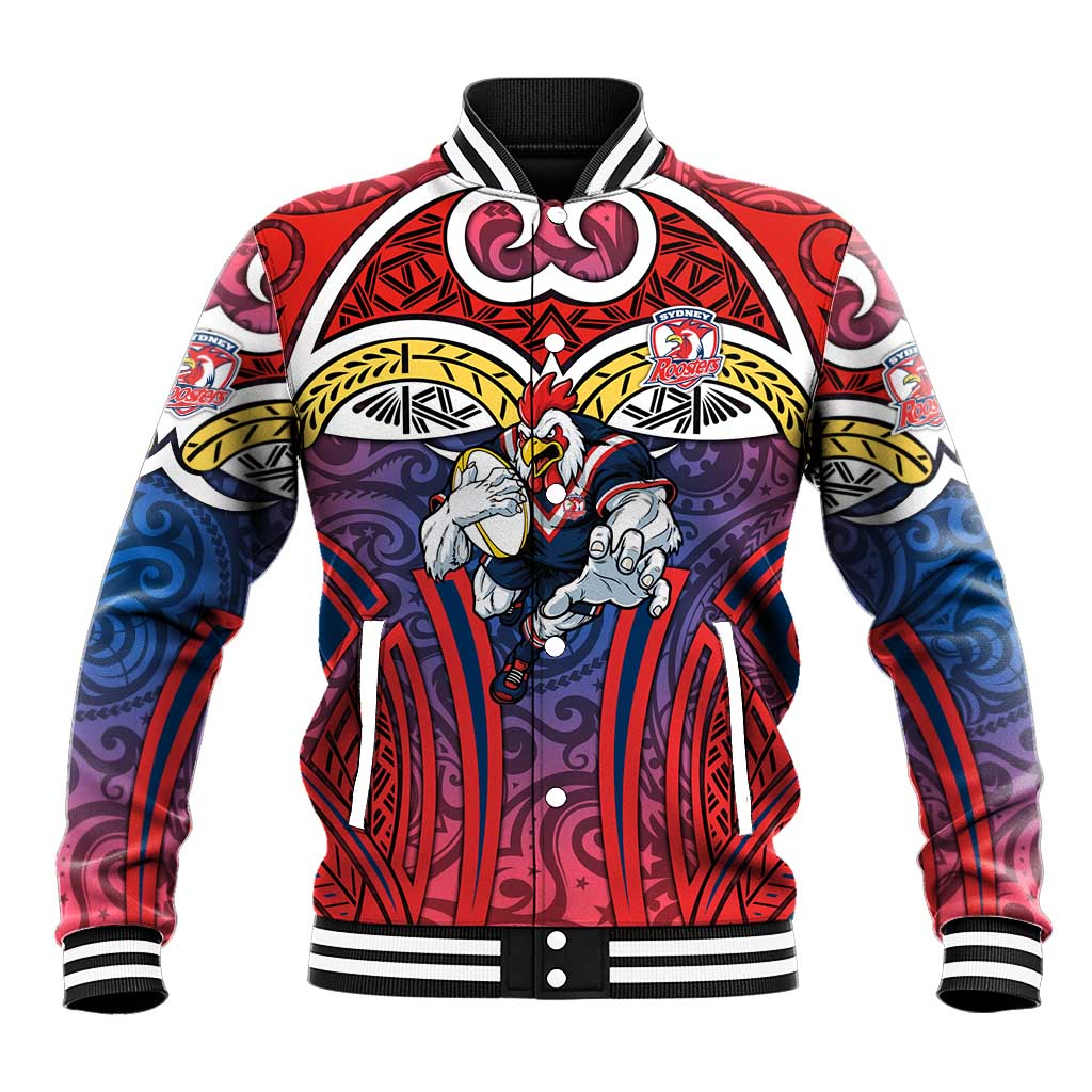 Sydney Roosters Rugby Baseball Jacket Polynesian Tribal Rooster Warrior Red Blue Pattern
