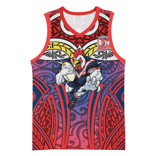 Sydney Roosters Rugby Basketball Jersey Polynesian Tribal Rooster Warrior Red Blue Pattern
