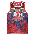 Sydney Roosters Rugby Basketball Jersey Polynesian Tribal Rooster Warrior Red Blue Pattern