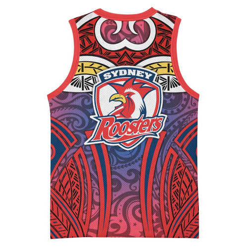 Sydney Roosters Rugby Basketball Jersey Polynesian Tribal Rooster Warrior Red Blue Pattern