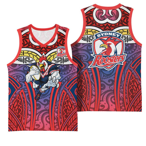 Sydney Roosters Rugby Basketball Jersey Polynesian Tribal Rooster Warrior Red Blue Pattern