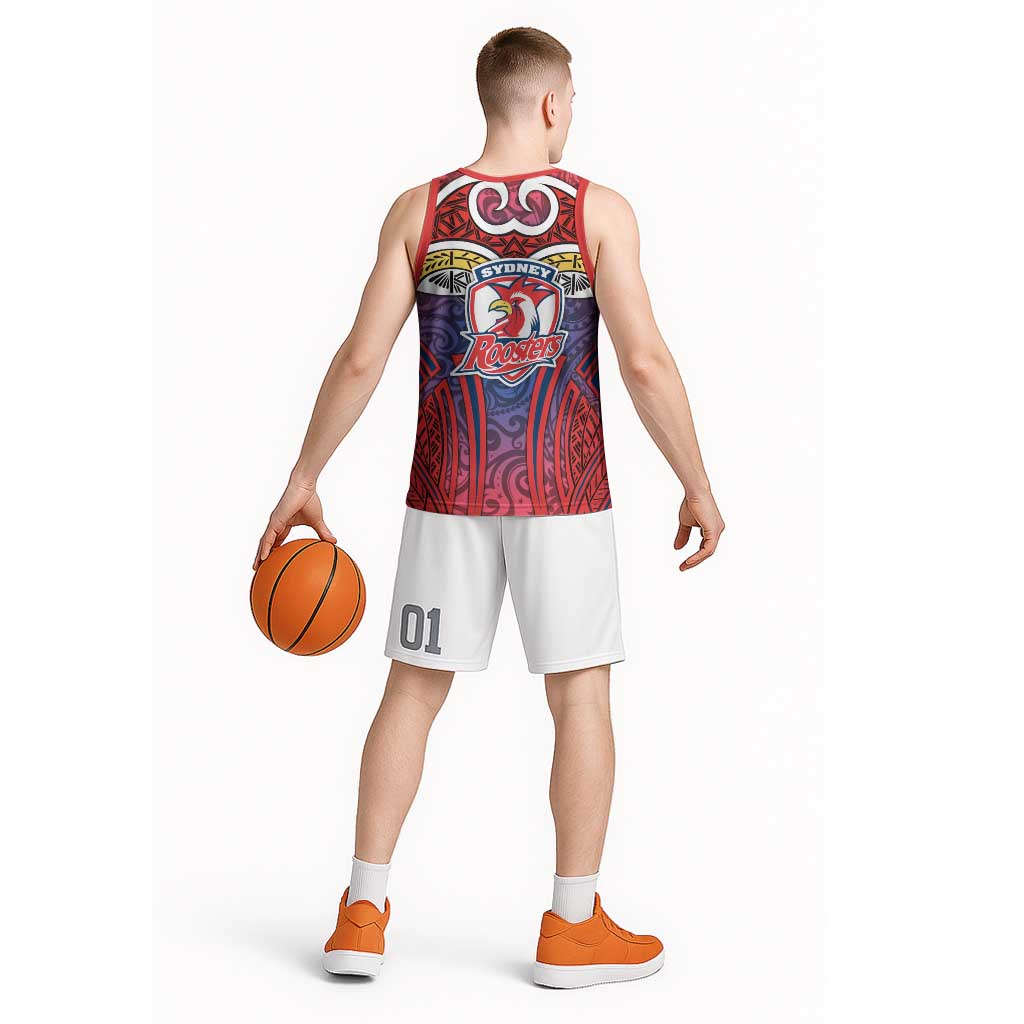 Sydney Roosters Rugby Basketball Jersey Polynesian Tribal Rooster Warrior Red Blue Pattern