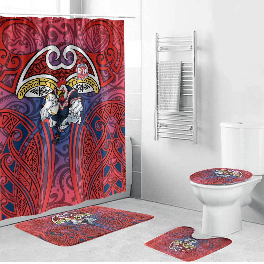 Sydney Roosters Rugby Bathroom Set Polynesian Tribal Rooster Warrior Red Blue Pattern
