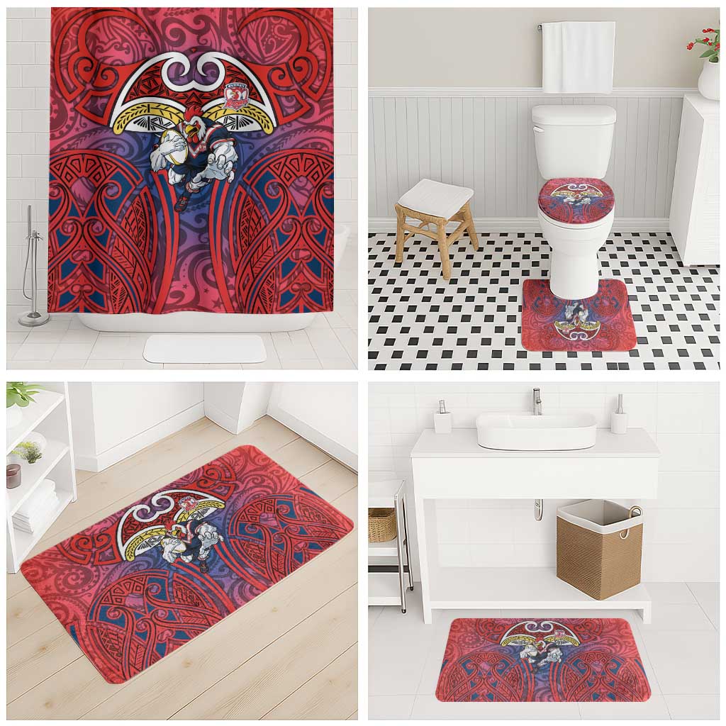 Sydney Roosters Rugby Bathroom Set Polynesian Tribal Rooster Warrior Red Blue Pattern