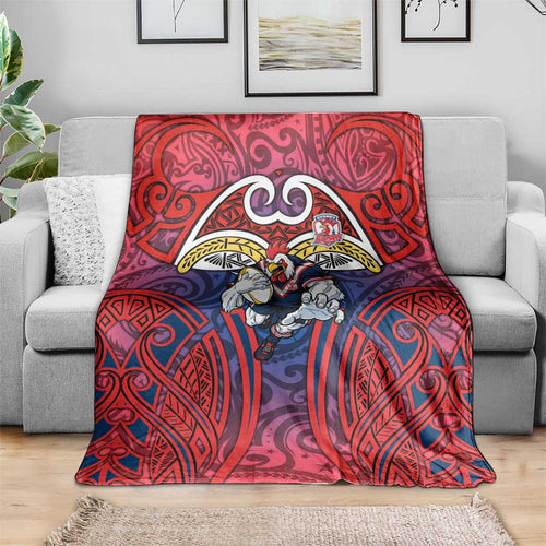 Sydney Roosters Rugby Blanket Polynesian Tribal Rooster Warrior Red Blue Pattern