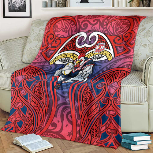 Sydney Roosters Rugby Blanket Polynesian Tribal Rooster Warrior Red Blue Pattern