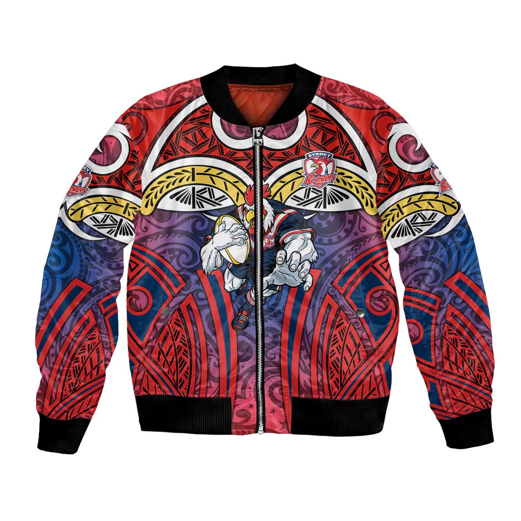 Sydney Roosters Rugby Bomber Jacket Polynesian Tribal Rooster Warrior Red Blue Pattern