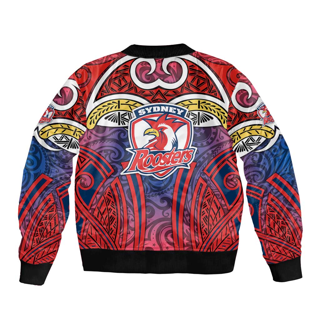 Sydney Roosters Rugby Bomber Jacket Polynesian Tribal Rooster Warrior Red Blue Pattern