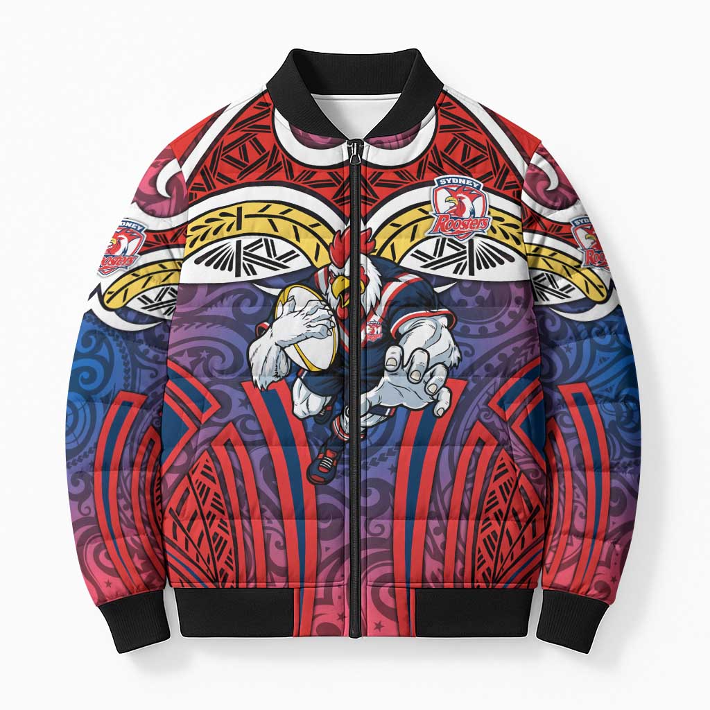 Sydney Roosters Rugby Bomber Puffer Jacket Polynesian Tribal Rooster Warrior Red Blue Pattern