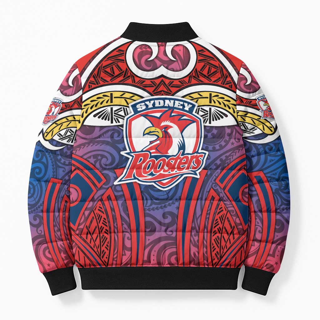 Sydney Roosters Rugby Bomber Puffer Jacket Polynesian Tribal Rooster Warrior Red Blue Pattern