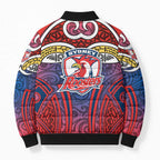 Sydney Roosters Rugby Bomber Puffer Jacket Polynesian Tribal Rooster Warrior Red Blue Pattern