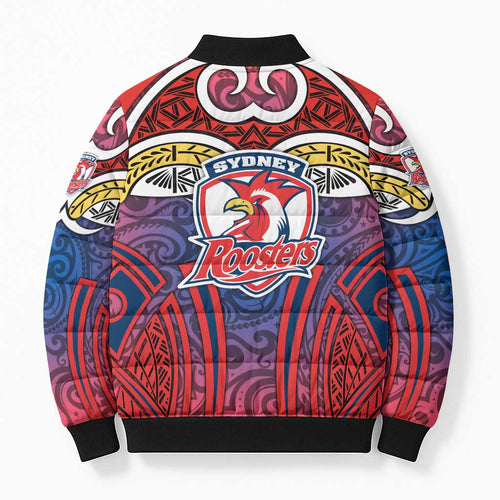 Sydney Roosters Rugby Bomber Puffer Jacket Polynesian Tribal Rooster Warrior Red Blue Pattern