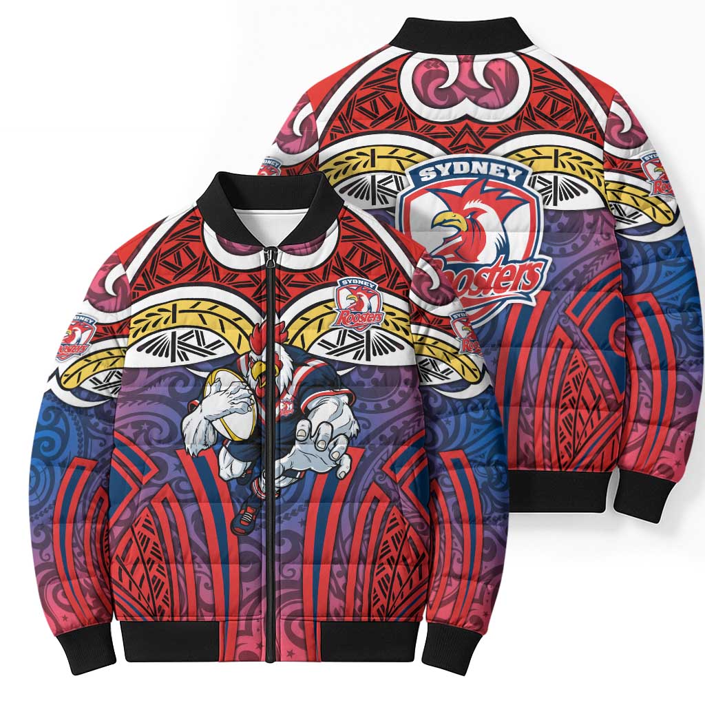Sydney Roosters Rugby Bomber Puffer Jacket Polynesian Tribal Rooster Warrior Red Blue Pattern
