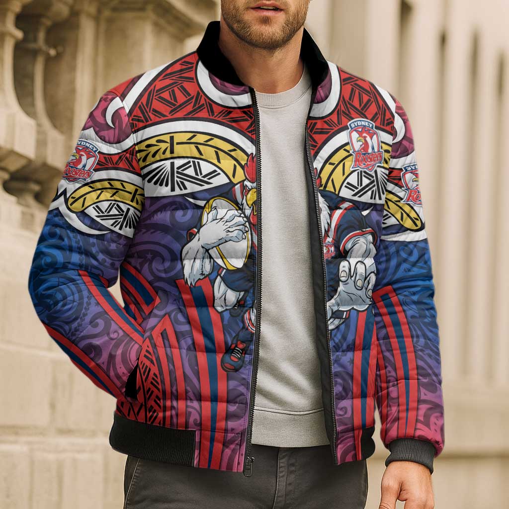 Sydney Roosters Rugby Bomber Puffer Jacket Polynesian Tribal Rooster Warrior Red Blue Pattern