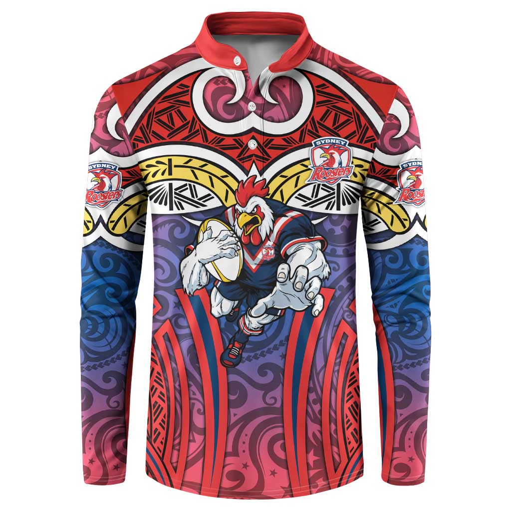 Sydney Roosters Rugby Button Sweatshirt Polynesian Tribal Rooster Warrior Red Blue Pattern