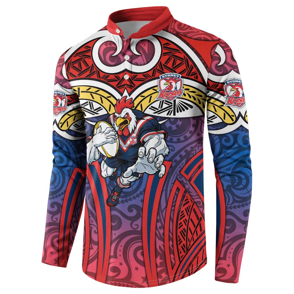 Sydney Roosters Rugby Button Sweatshirt Polynesian Tribal Rooster Warrior Red Blue Pattern
