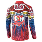 Sydney Roosters Rugby Button Sweatshirt Polynesian Tribal Rooster Warrior Red Blue Pattern