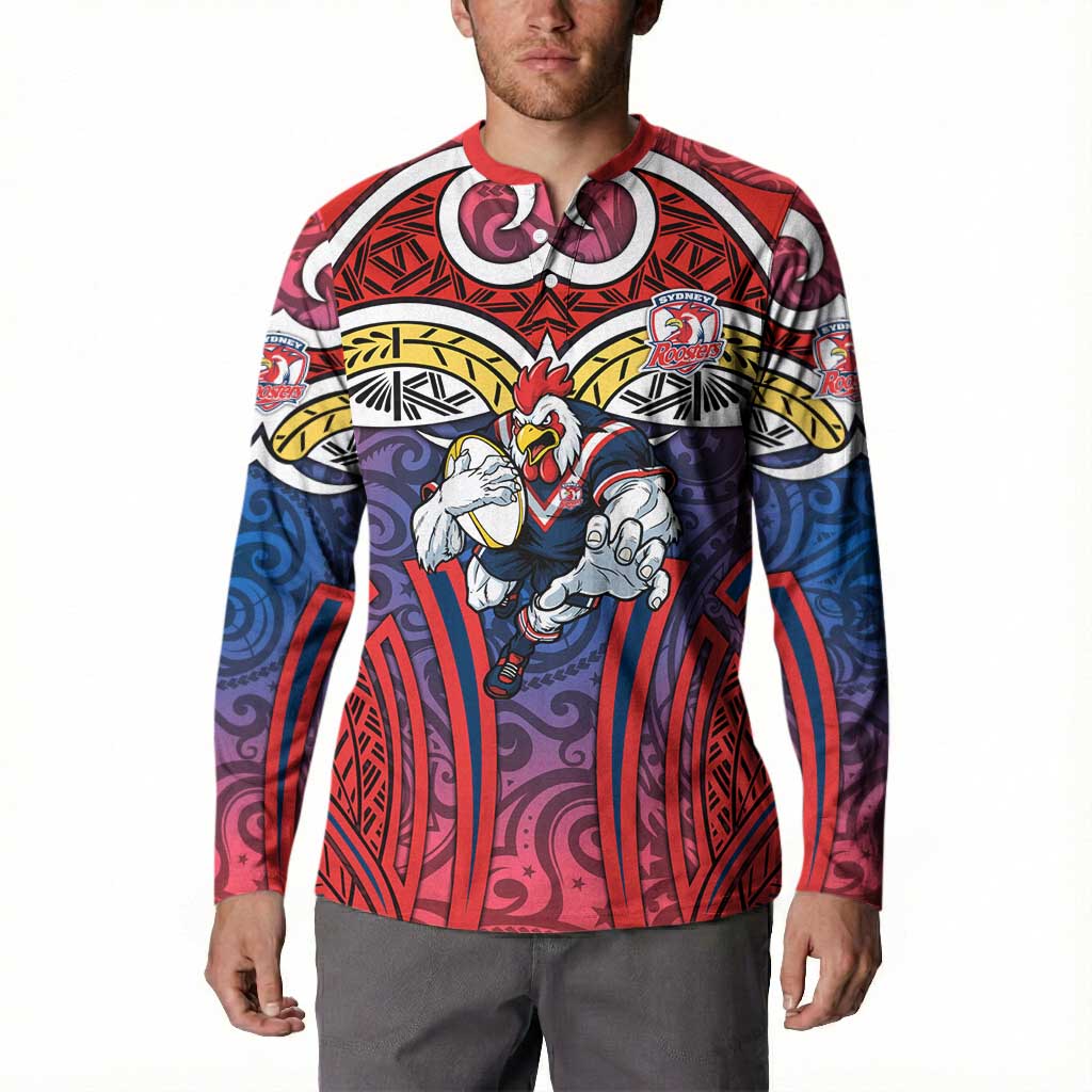 Sydney Roosters Rugby Button Sweatshirt Polynesian Tribal Rooster Warrior Red Blue Pattern