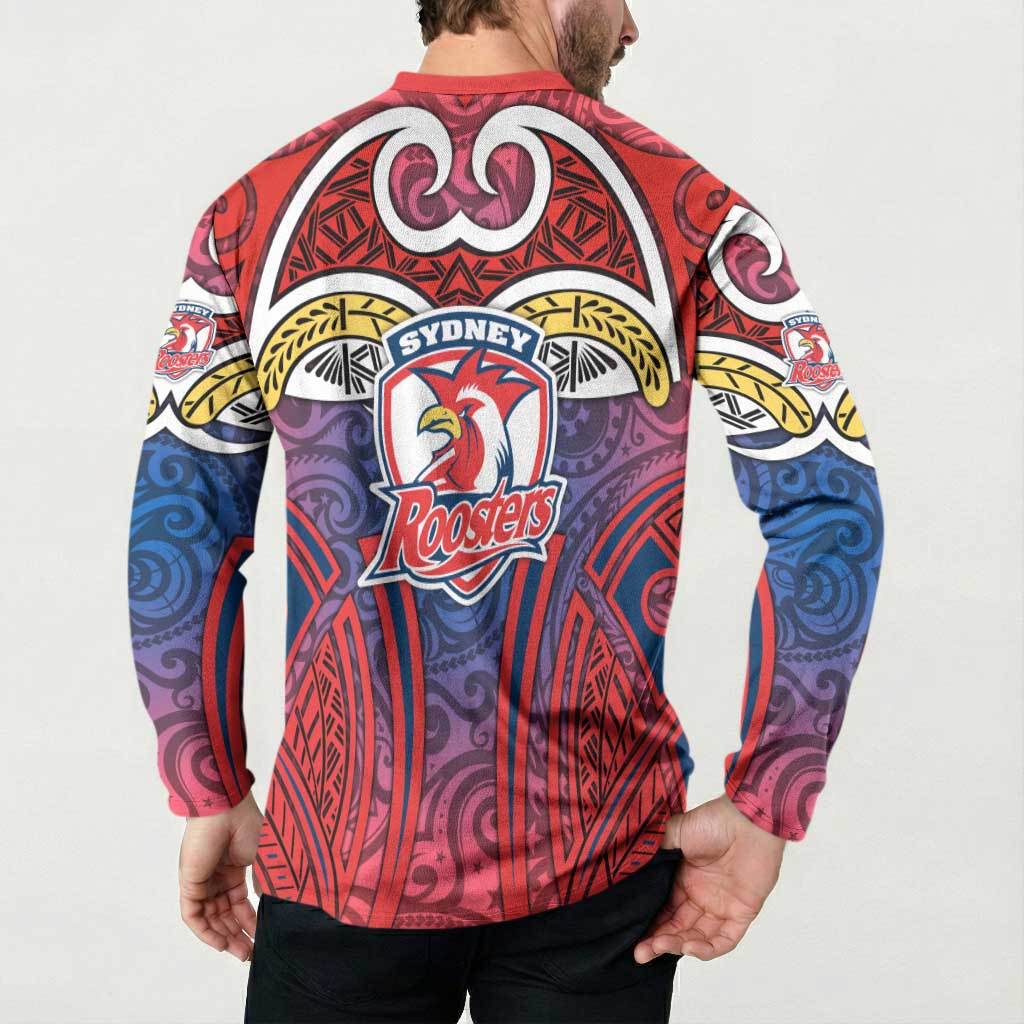 Sydney Roosters Rugby Button Sweatshirt Polynesian Tribal Rooster Warrior Red Blue Pattern